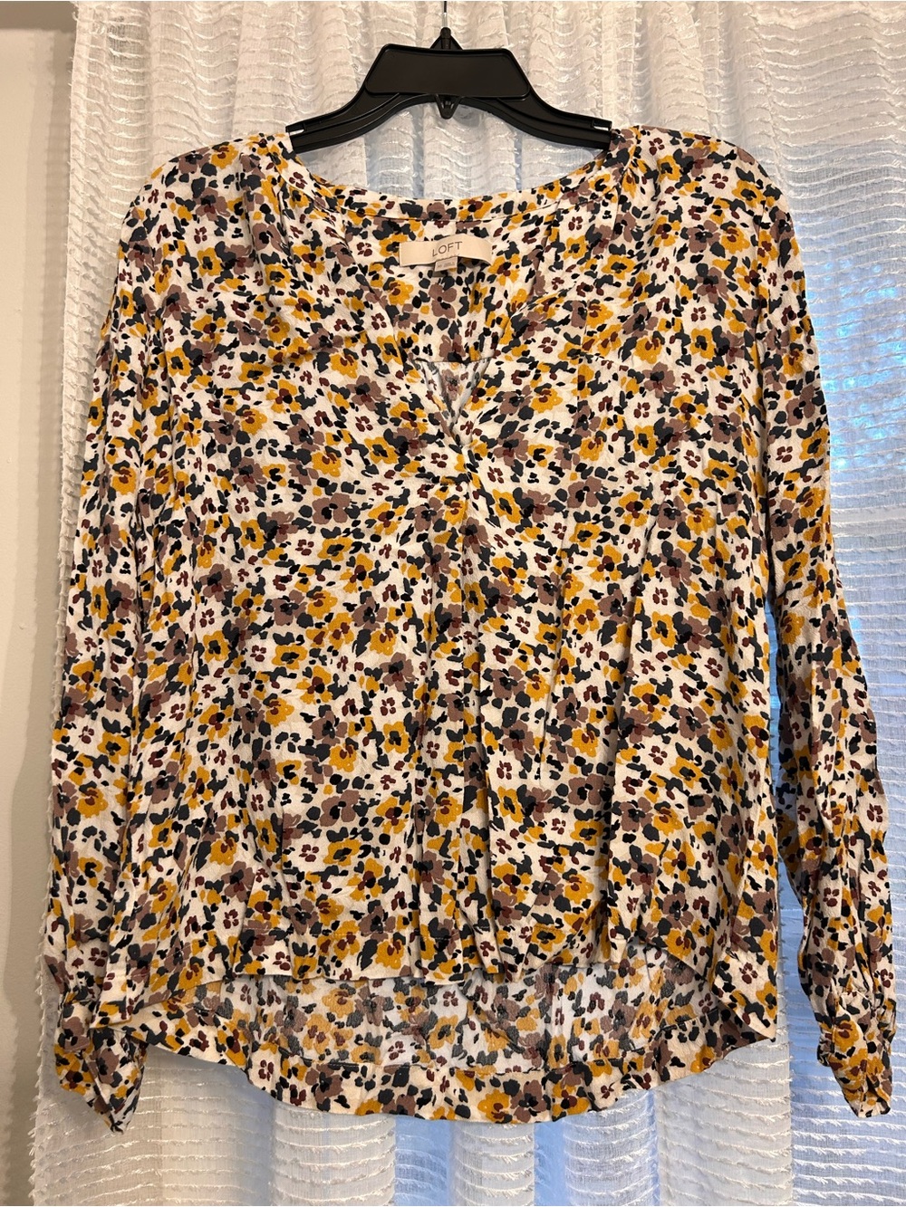 LOFT Cream Blouse with Mustard, Brown and Black Floral Print